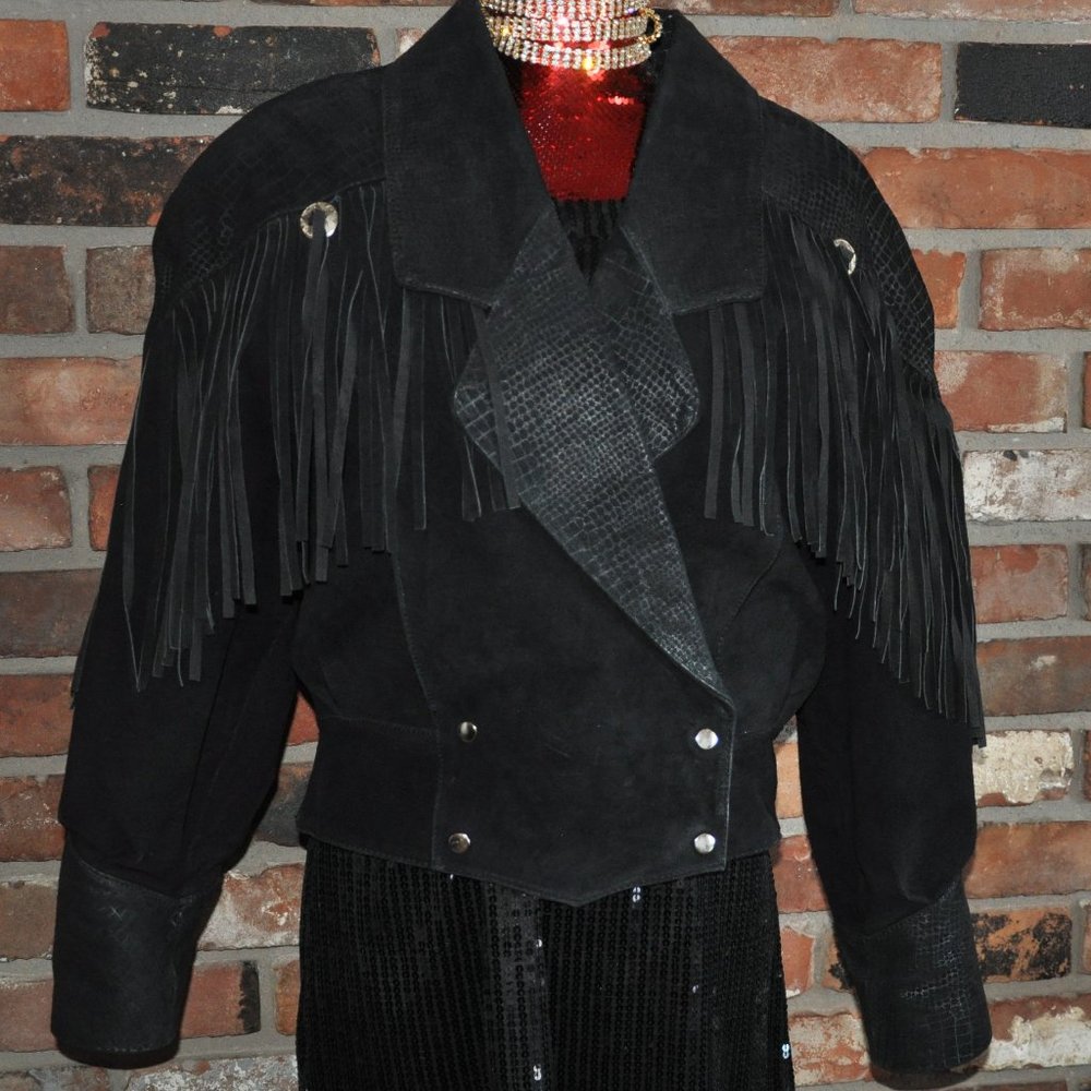 Vintage 80s Black Western Suede Leather With Fringe Jacket M